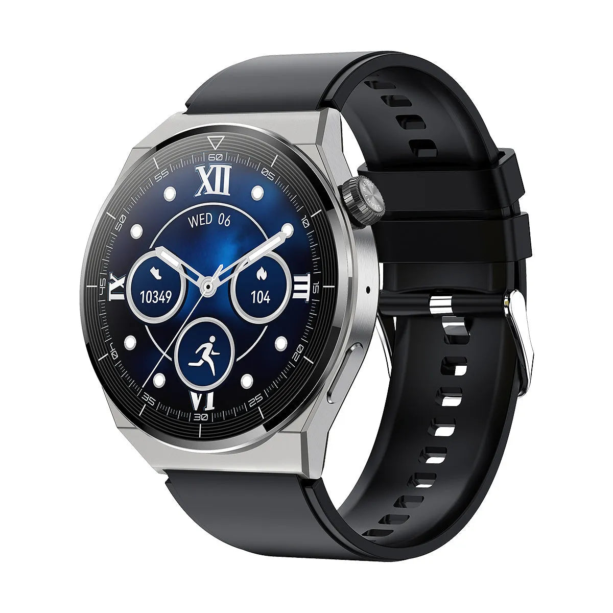 Black or silver Android smart watch with Bluetooth calling and NFC access control on silicone band