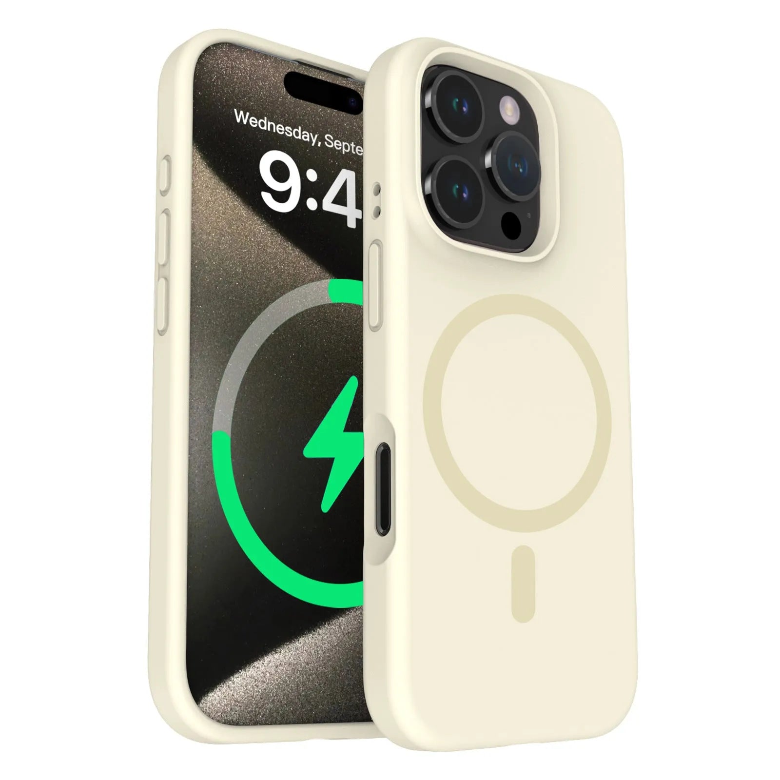 Liquid silicone magnetic phone case for iPhone showing full lens coverage and colour options including black, white, and antique white