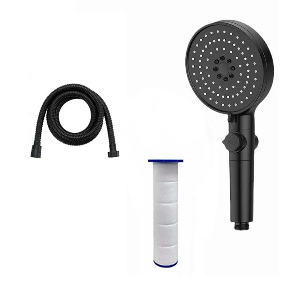 ABS pressurised 5-speed handheld shower head with large water output, 1.5m encrypted hose, in black finish