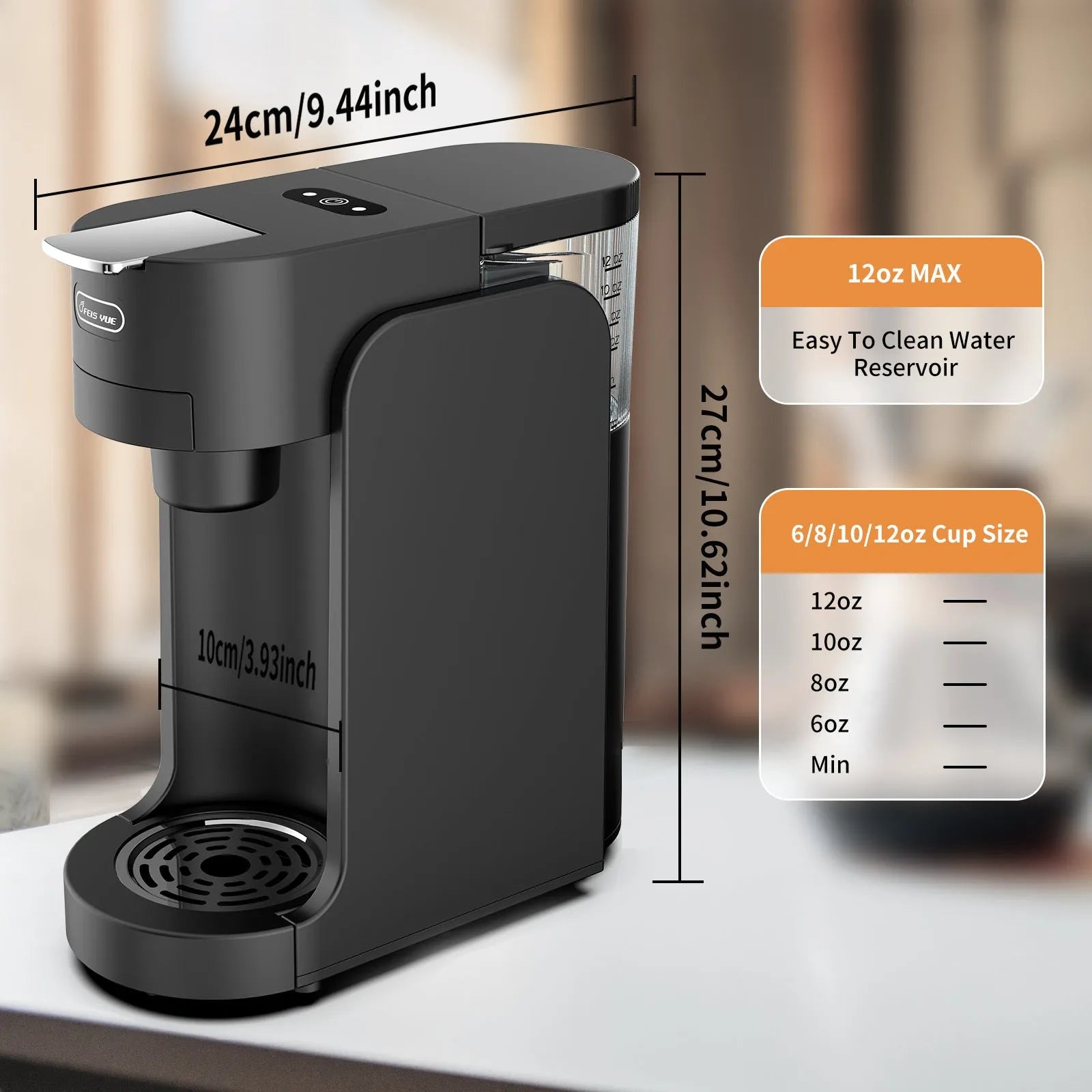 Mini capsule coffee machine with black ABS body, stainless steel tray, and transparent water tank on countertop