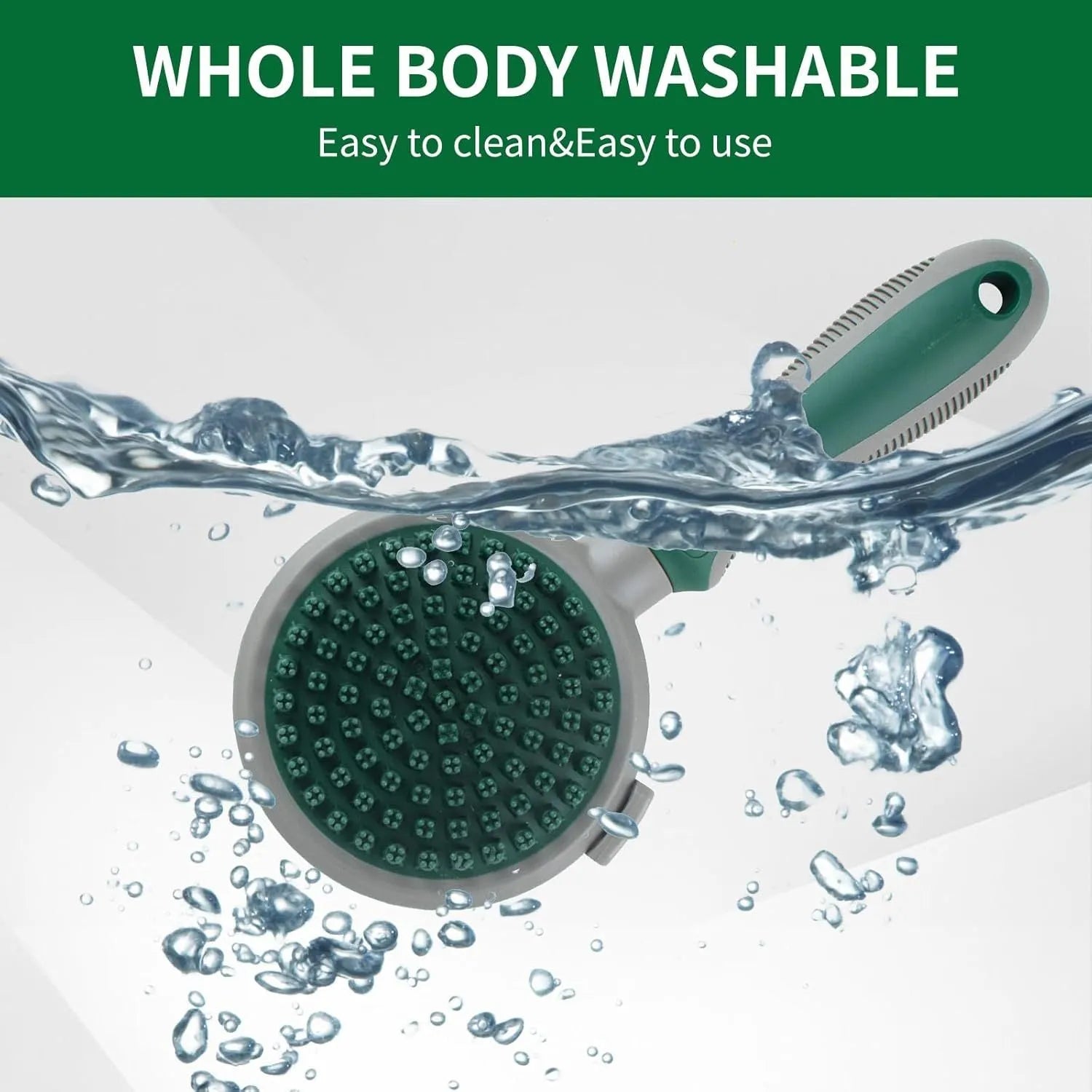 Green dual-sided pet grooming brush showing retractable slicker brush on one side and silicone massage head on other side