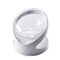 Clear plastic elevated cat food bowl with 15-degree tilt angle on white background