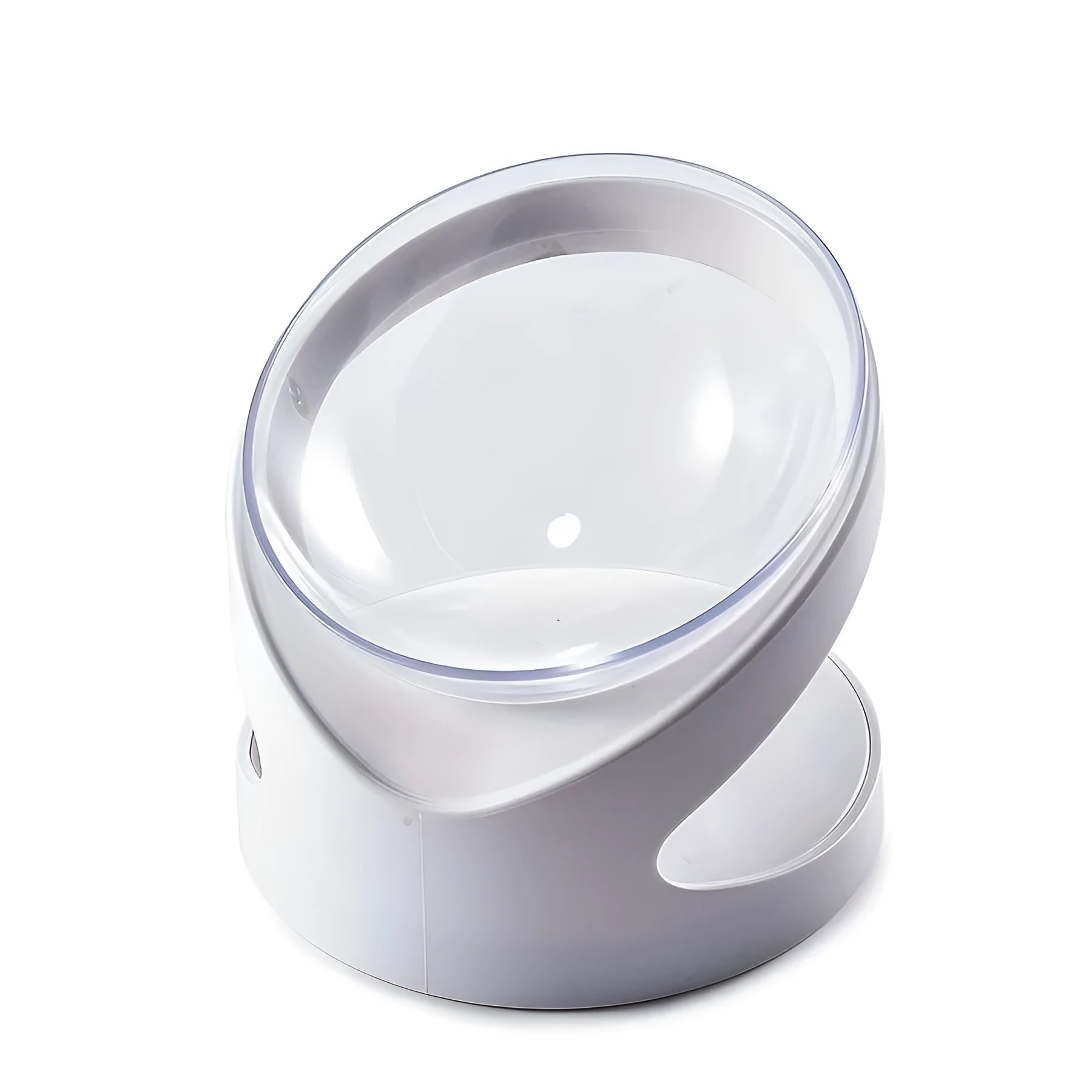 Clear plastic elevated cat food bowl with 15-degree tilt angle on white background