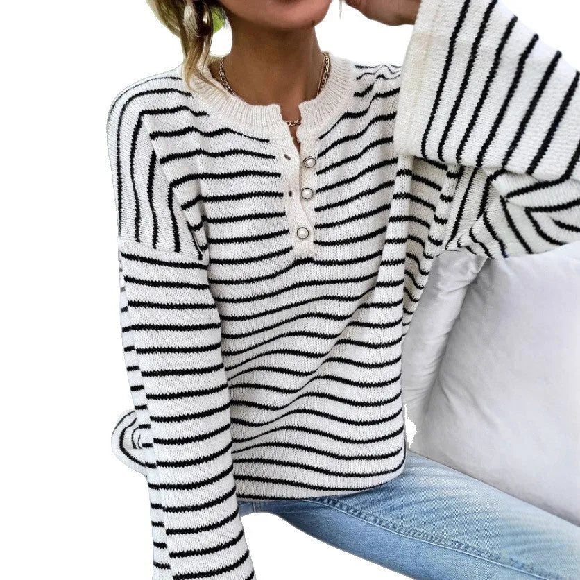 Women's black striped viscose fibre top with drop shoulder sleeves and loose casual fit