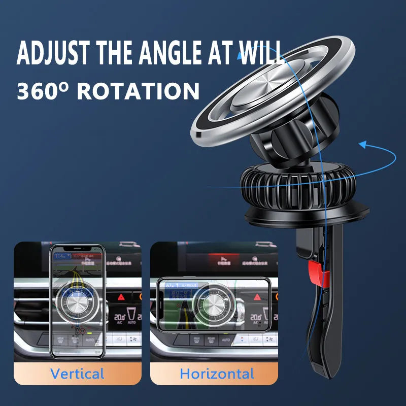 Silver magnetic phone holder attached to car air vent with smartphone mounted