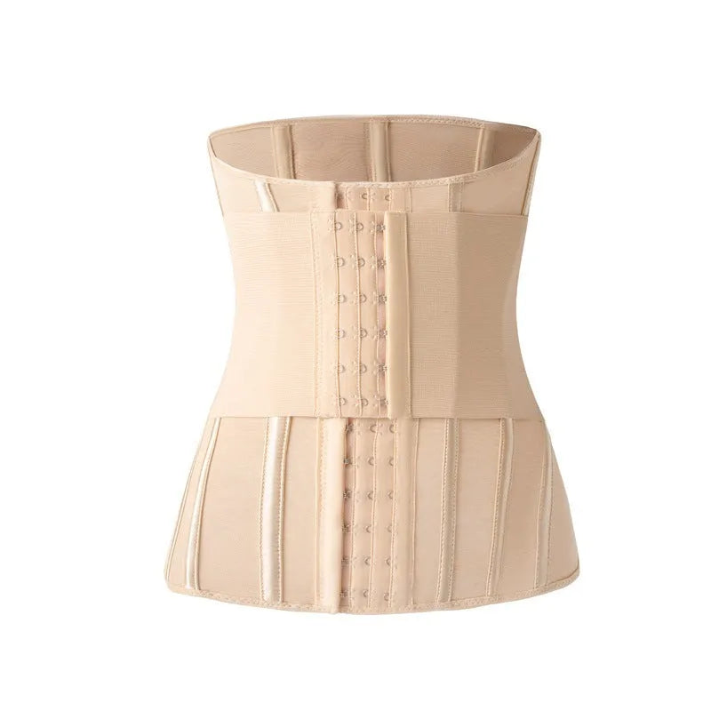 Nylon belly band waist trainer in black or apricot colour with belt tie closure