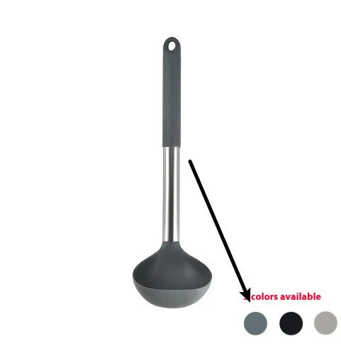 12 piece silicone kitchenware set with rotating storage bucket containing ladle spatula and clips