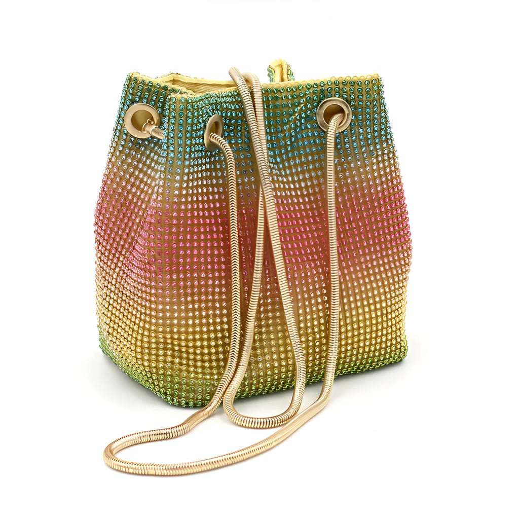 Rainbow coloured rhinestone bucket bag for women with adjustable fabric strap.