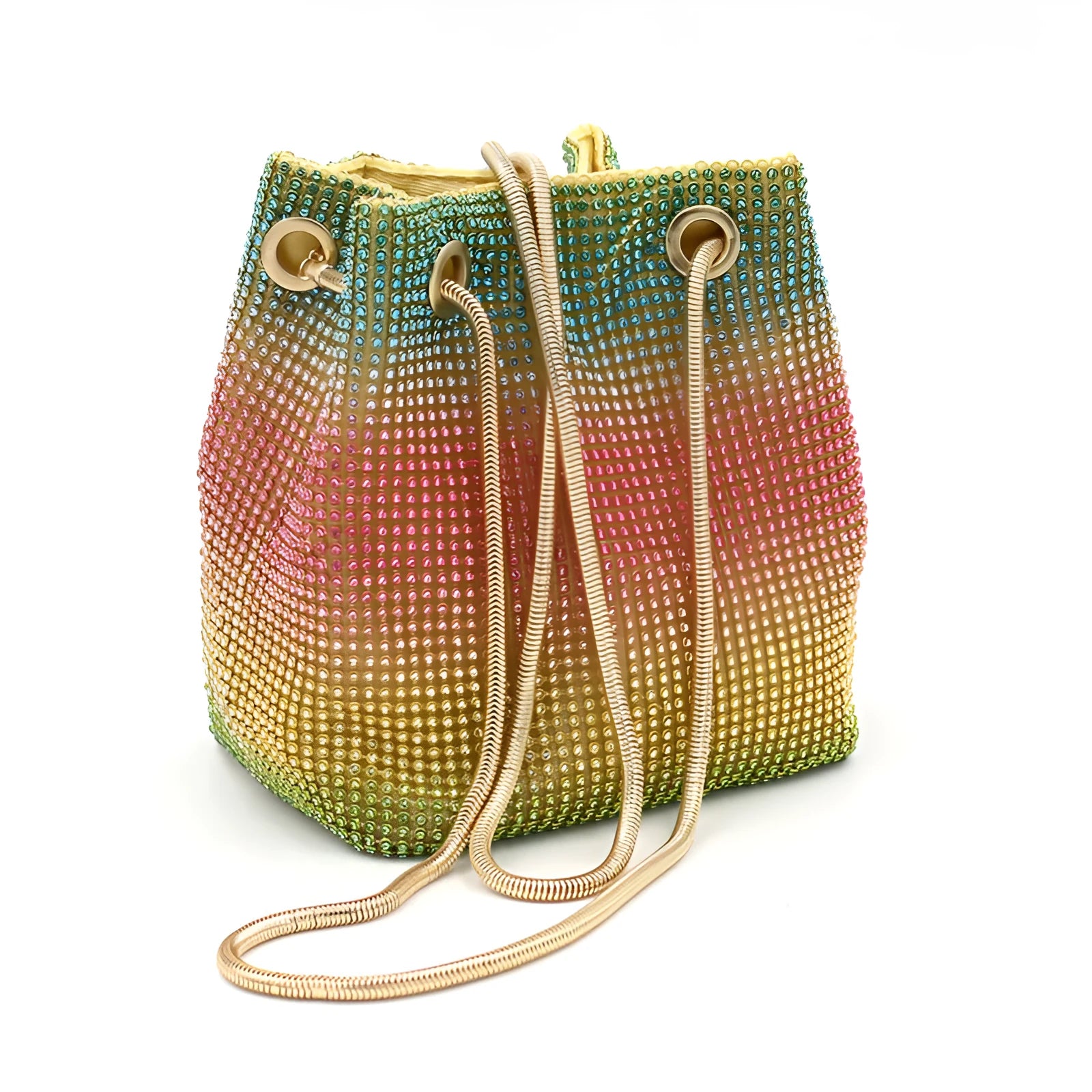 Rainbow coloured rhinestone bucket bag for women with adjustable fabric strap.