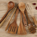 Seven-piece wooden cooking utensil set including spoon shovel for non-stick pans