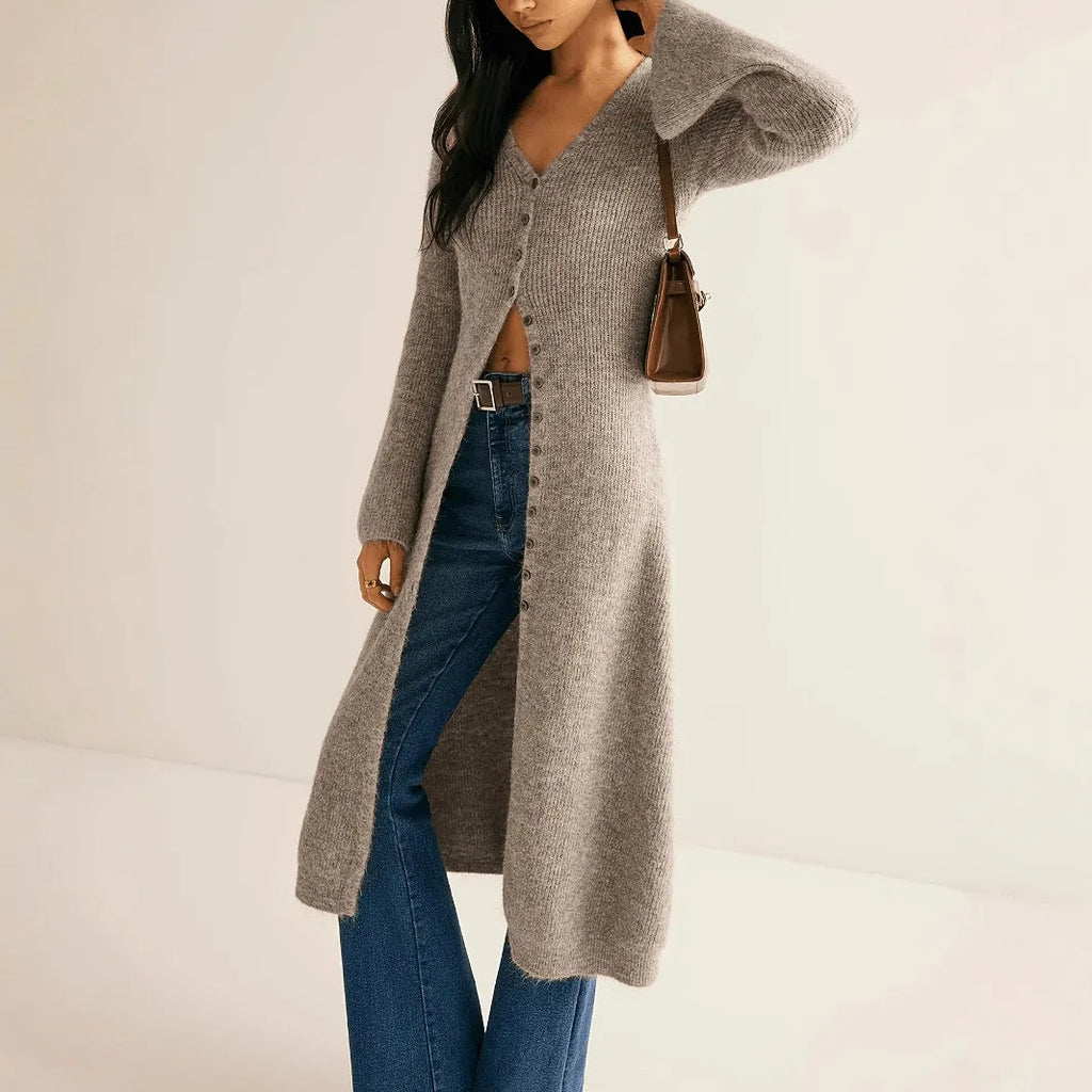 Khaki women's long sleeve viscose acrylic button cardigan coat with retro style