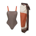 Printed high-grade double-sided one-piece swimsuit for women with wrap skirt, dotted pattern, polyester fabric, European American style