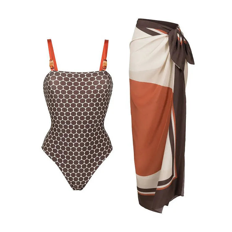 Printed high-grade double-sided one-piece swimsuit for women with wrap skirt, dotted pattern, polyester fabric, European American style