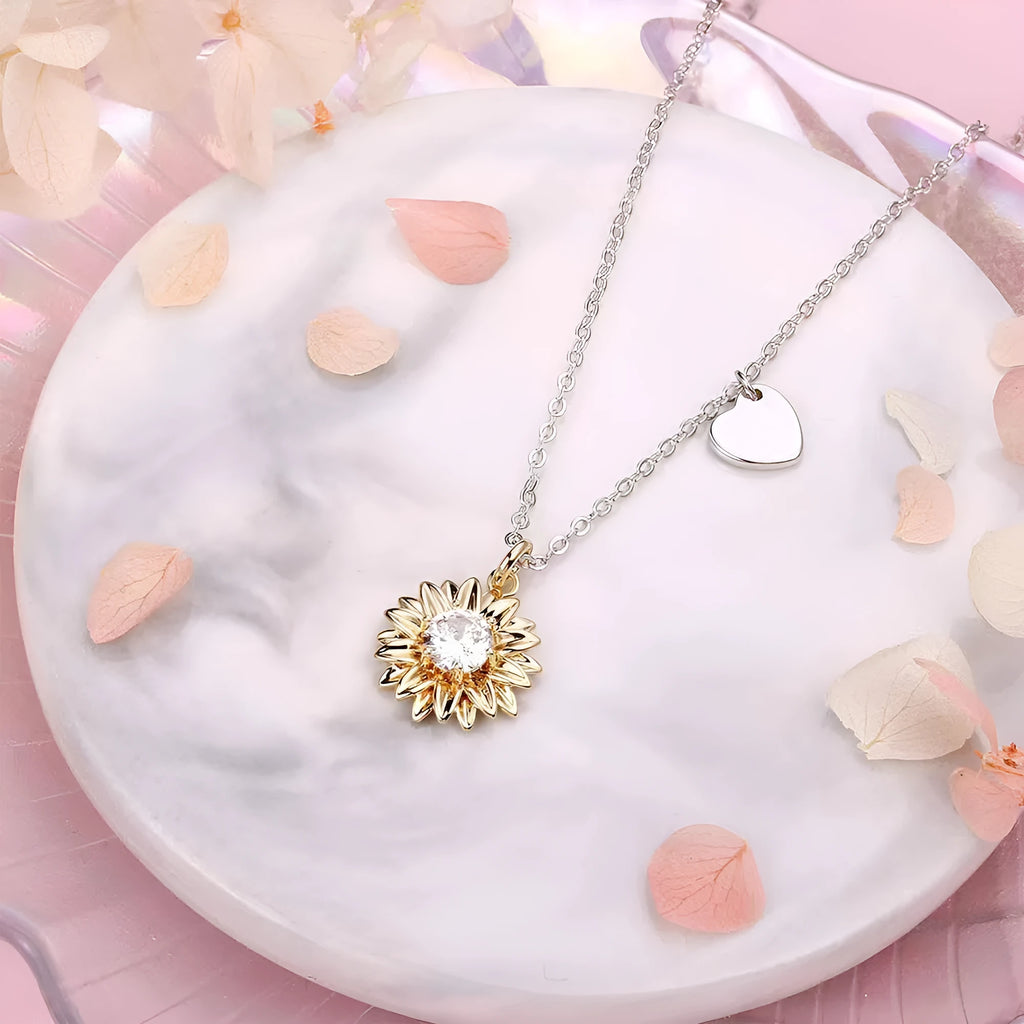 Geometric sunflower necklace with daisy petals on 925 silver adjustable cross chain