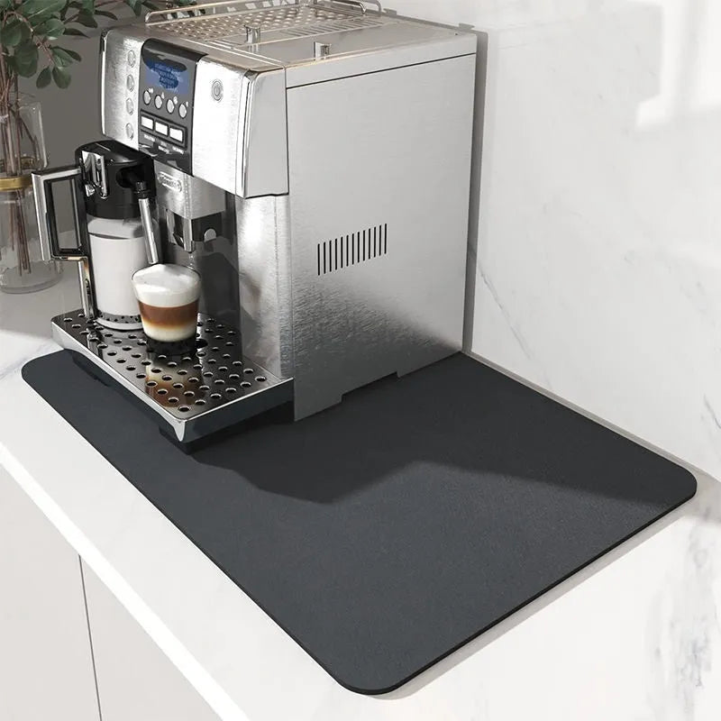 Super absorbent dish drying mat with PU leather surface and non-slip rubber backing, 30x40cm size in black