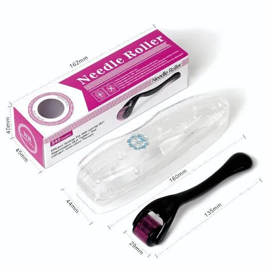 Black derma roller with titanium needles showing six depth options from 0.2mm to 1.0mm for facial and body skincare