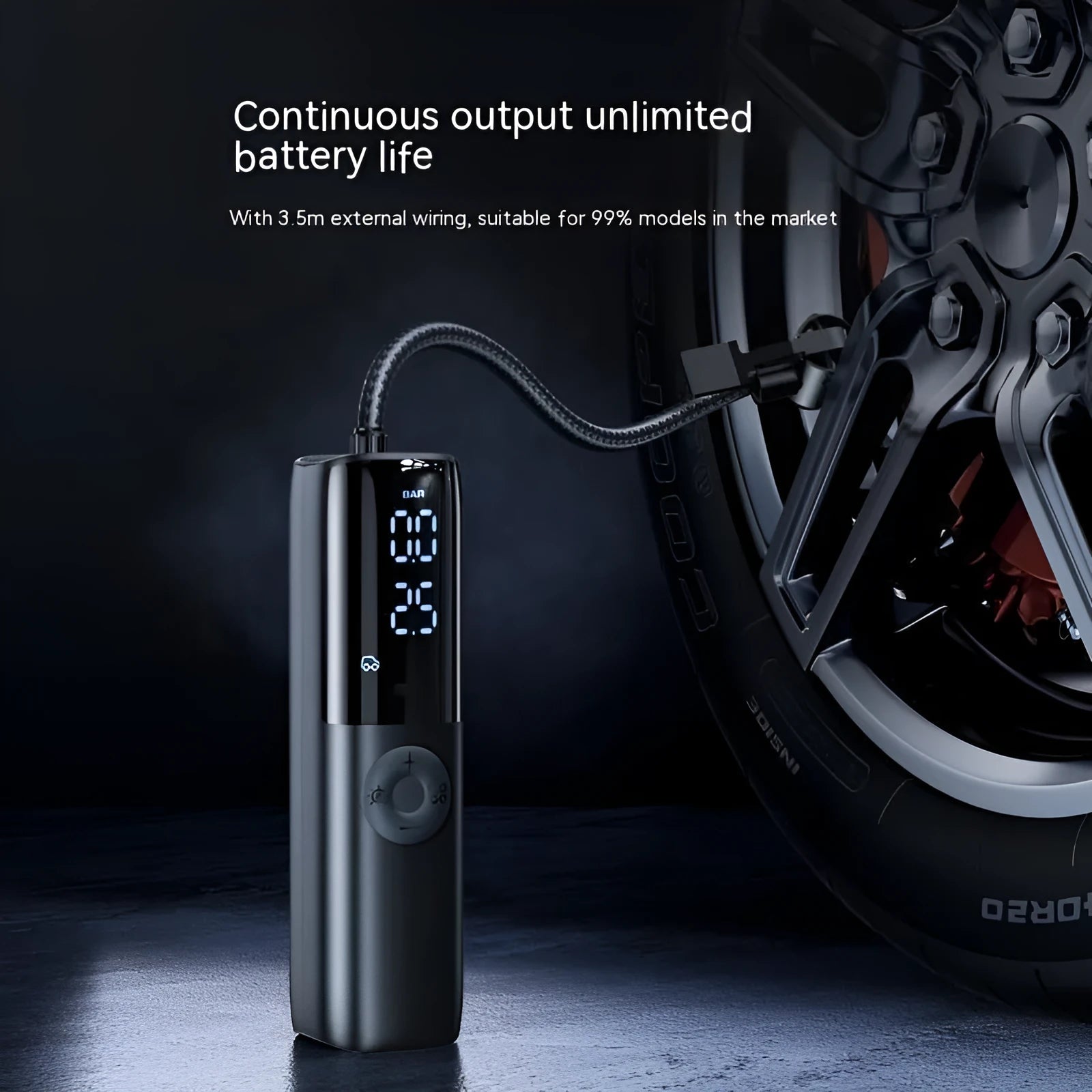 Black portable electric car air pump with digital pressure display and plug-in power cable