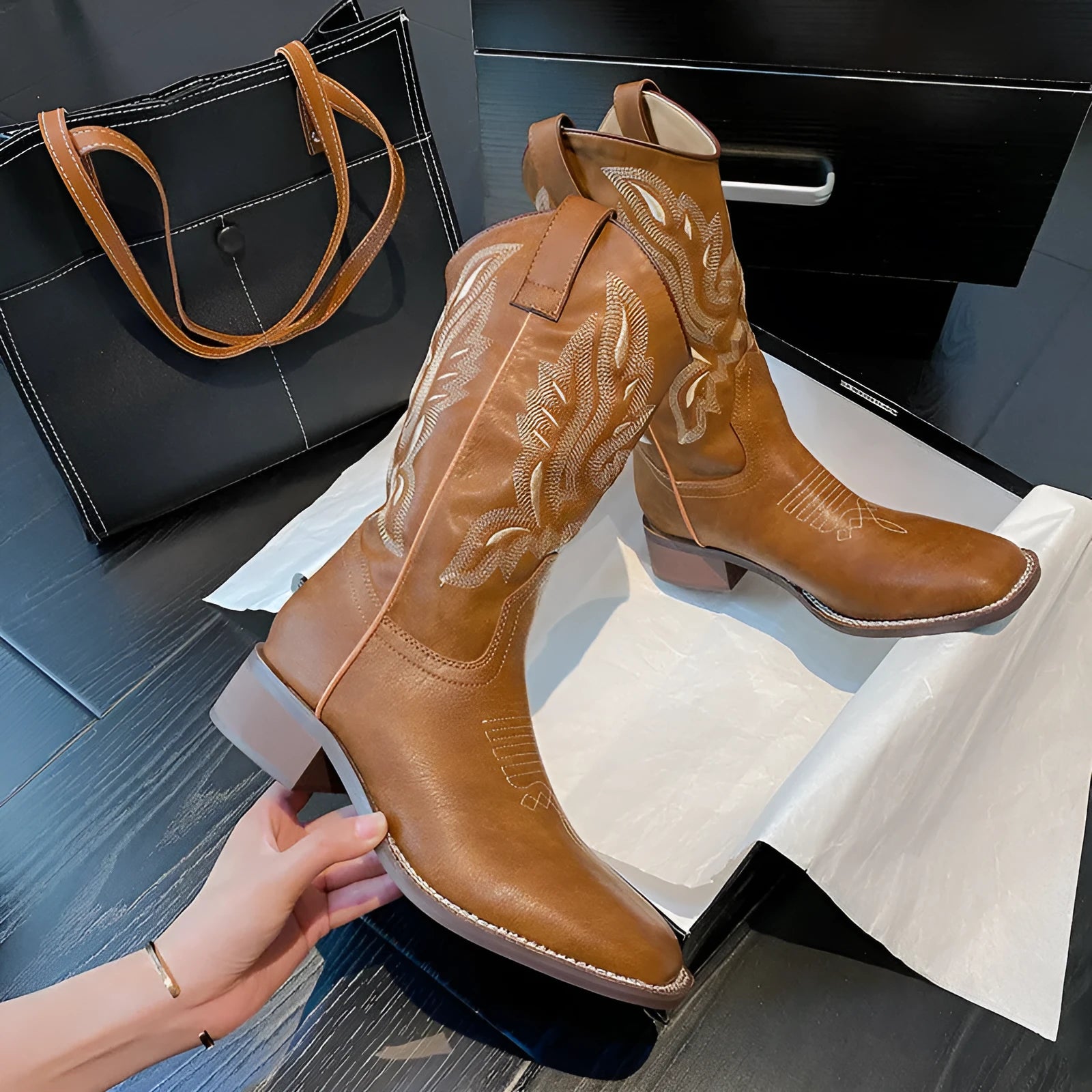 Brown women's embroidered mid-calf boots with leather lining and square heel