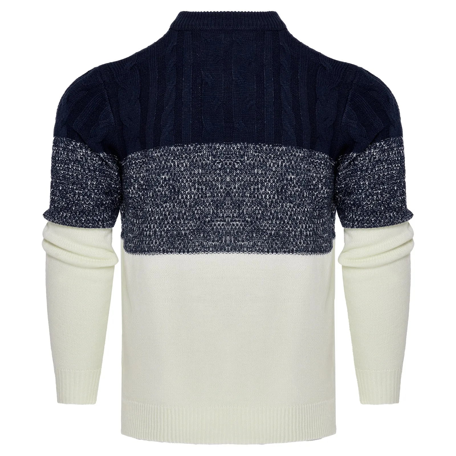 Men's casual colour block long sleeve cable knit pullover sweater in blue, with crew neck and ribbed cuffs