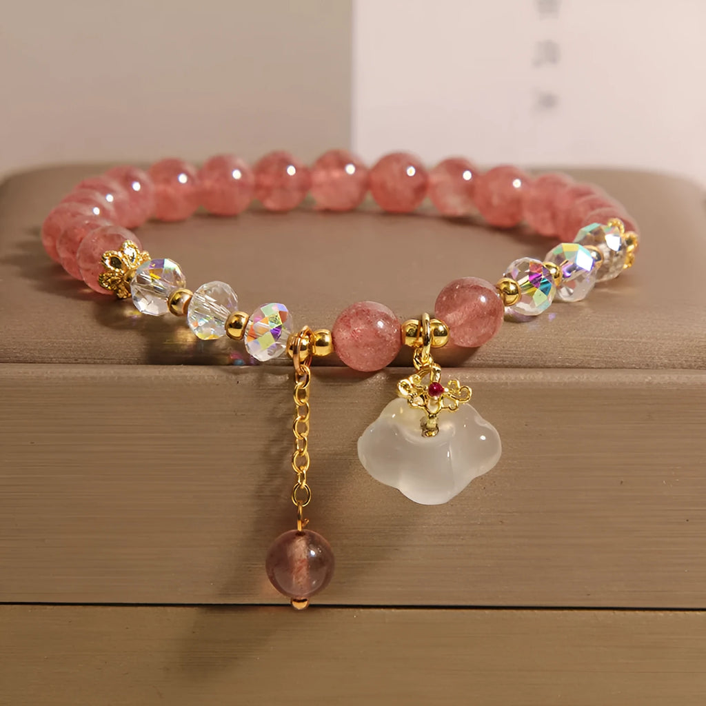 Women's natural strawberry quartz and white agate bracelet auspicious clouds design 40g
