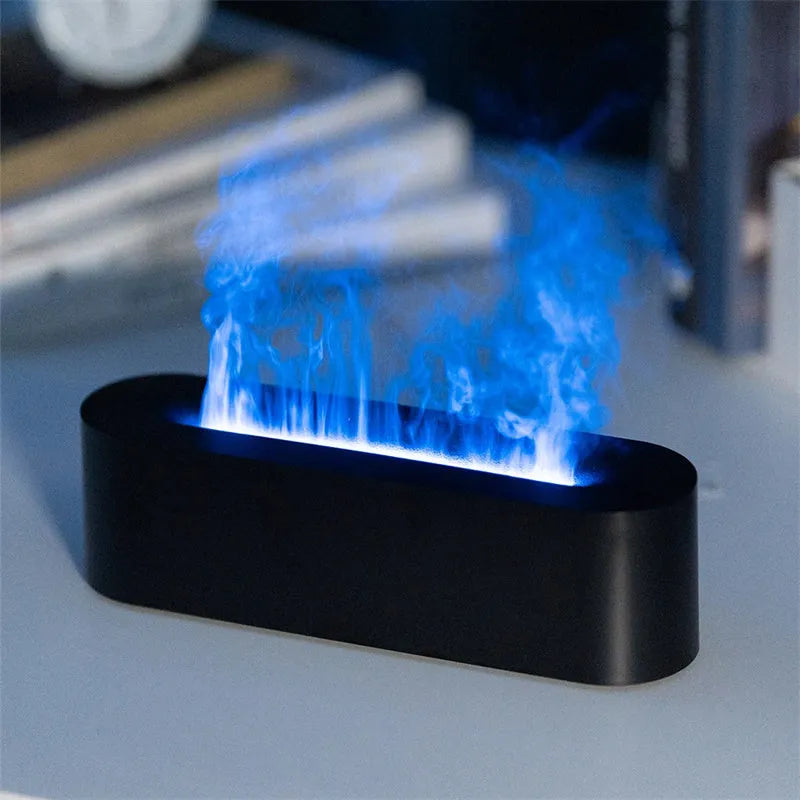 Flame aroma diffuser ultrasonic cool mist humidifier with 7 colour LED and realistic fire effect, square plastic design