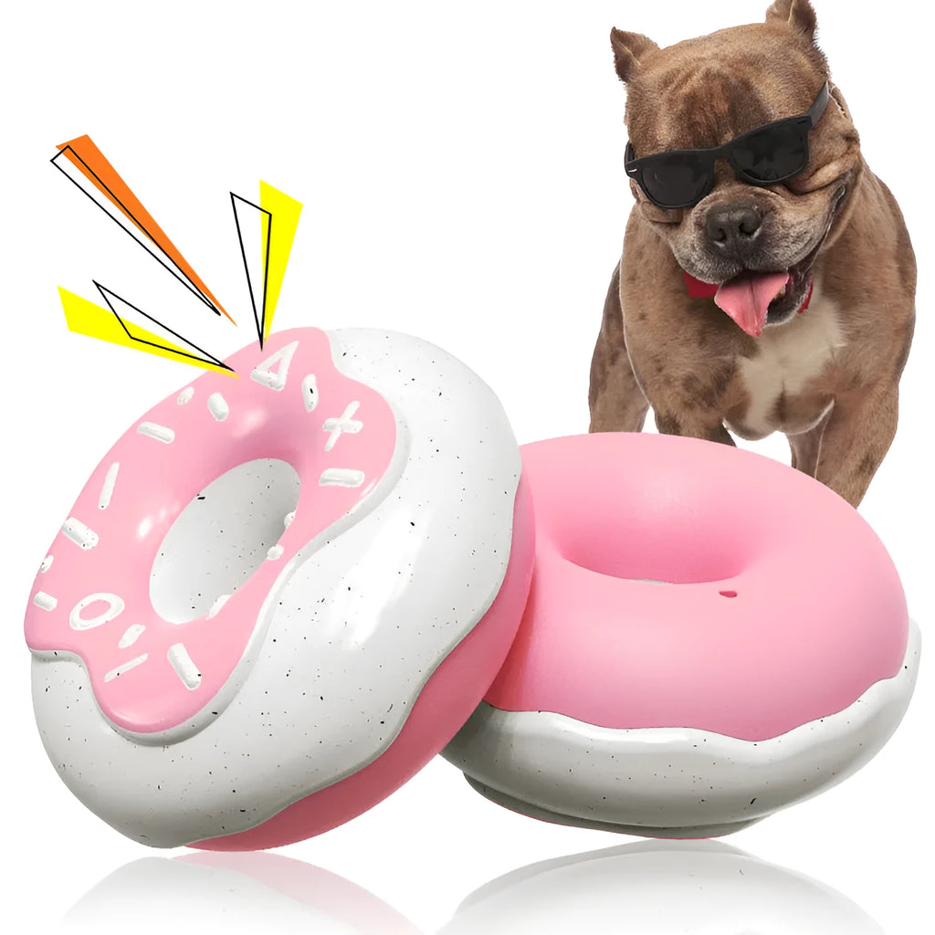 Colourful donut-shaped dog toy with textured molar cleaning surface for canine dental care