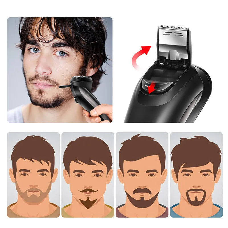 Men's electric shaver kit with three floating heads, pop-up trimmer, USB cable, and cleaning brush on a grey background.