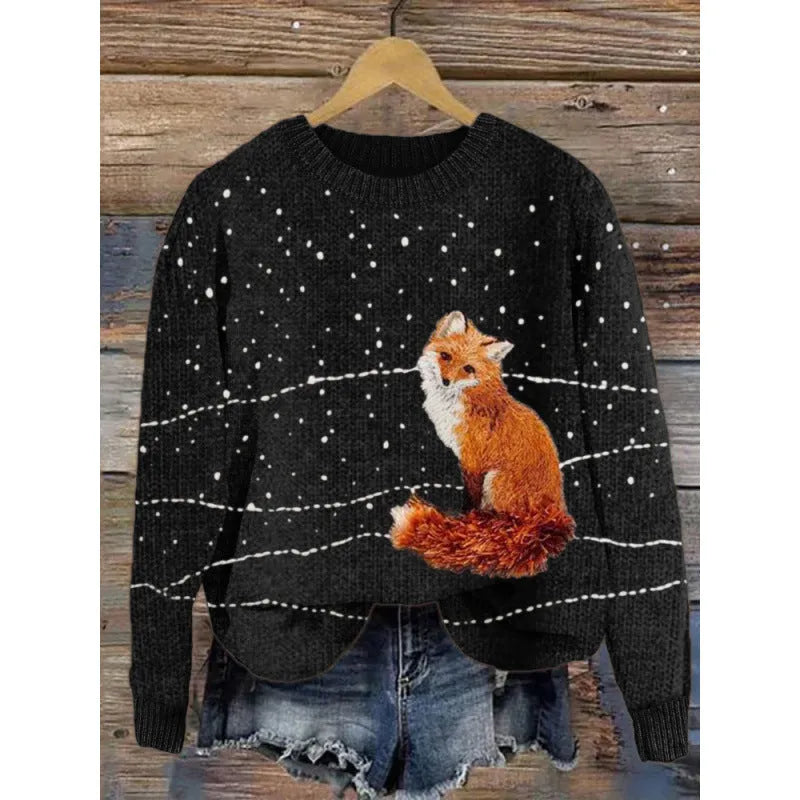 Women's round neck sweater with digital printed little flower pattern in polyester fabric