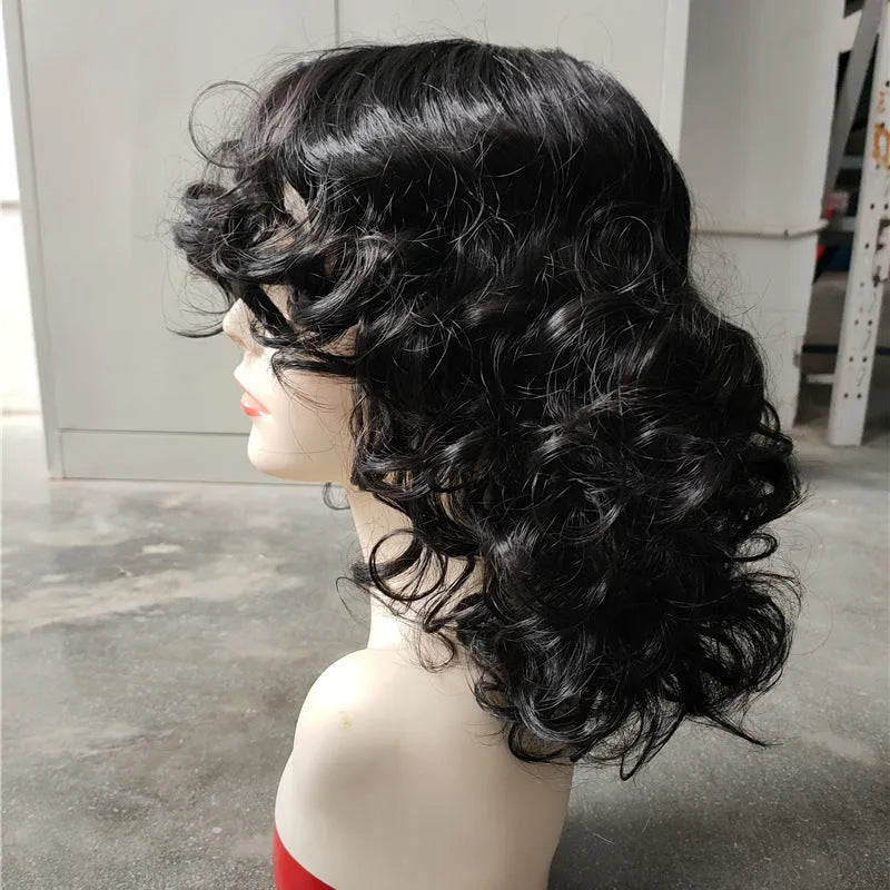 Women's long curly Afro wig in black, synthetic high temperature fibre, suitable for any face type