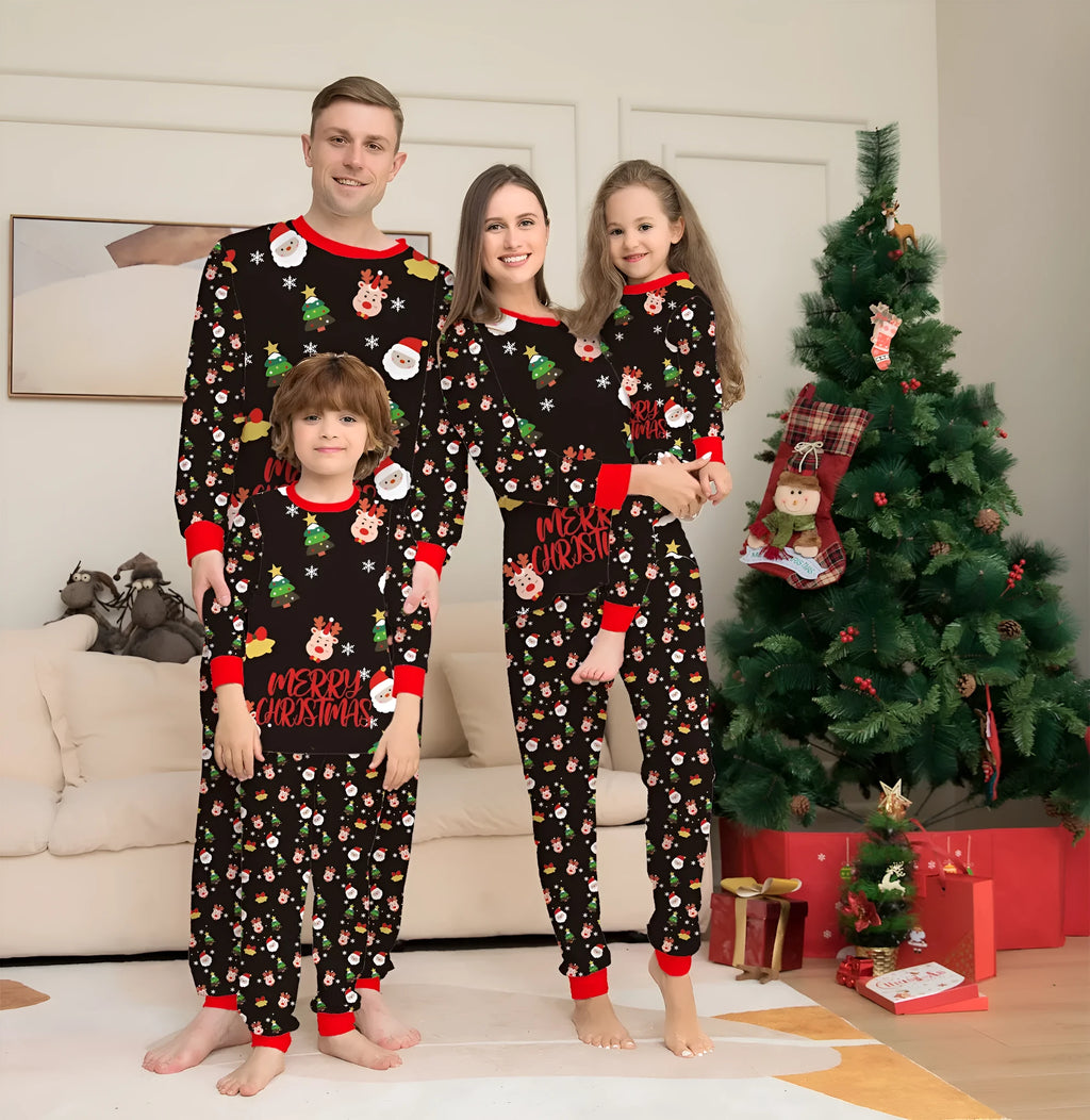 Family wearing matching red plaid Christmas pyjamas, including parents, children, baby, and dog.