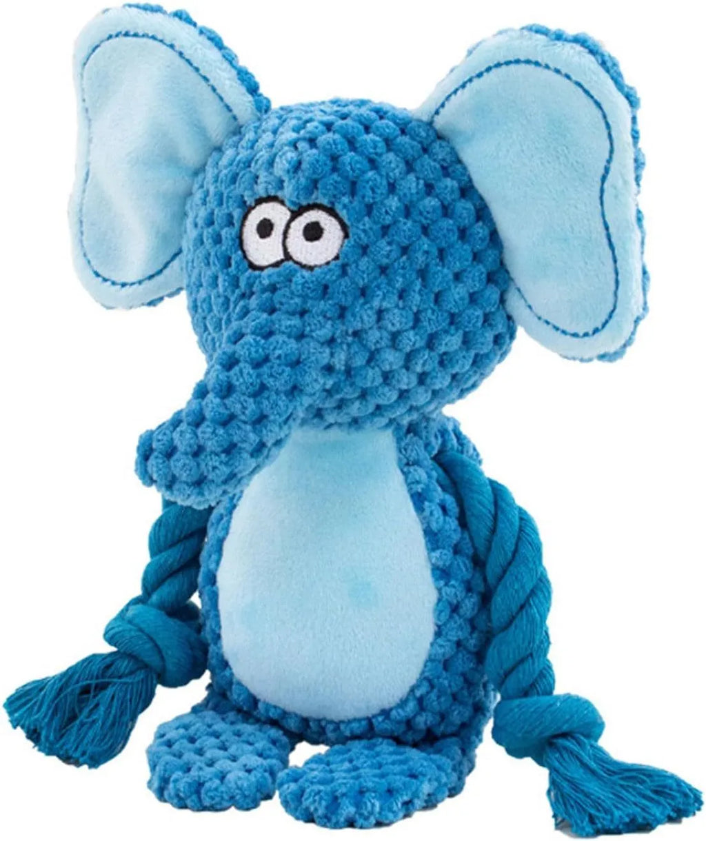 Plush dog squeaker toy with crinkle paper and cotton rope in animal shapes for small to medium dogs