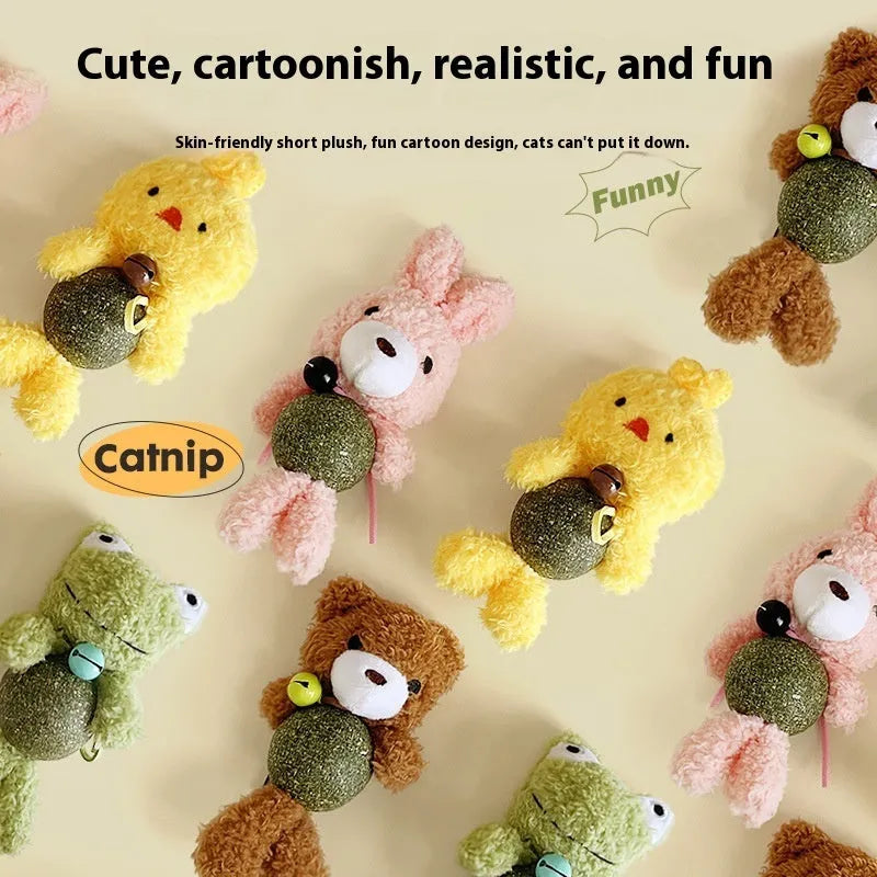 Plush catnip ball toy with bell for kittens in brown bear design
