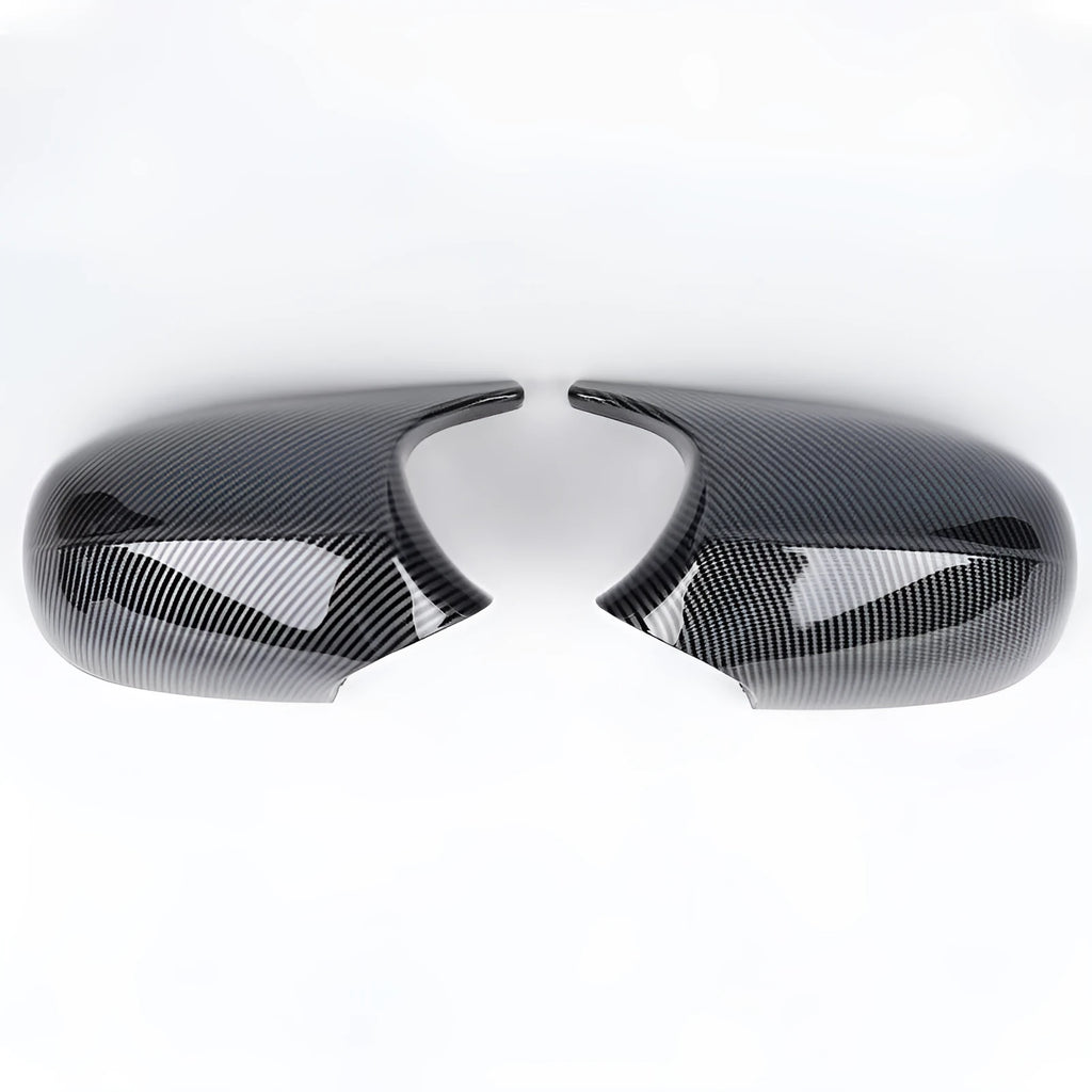 BMW 3 Series E90 rearview mirror replacement housing shells in black and carbon pattern finishes