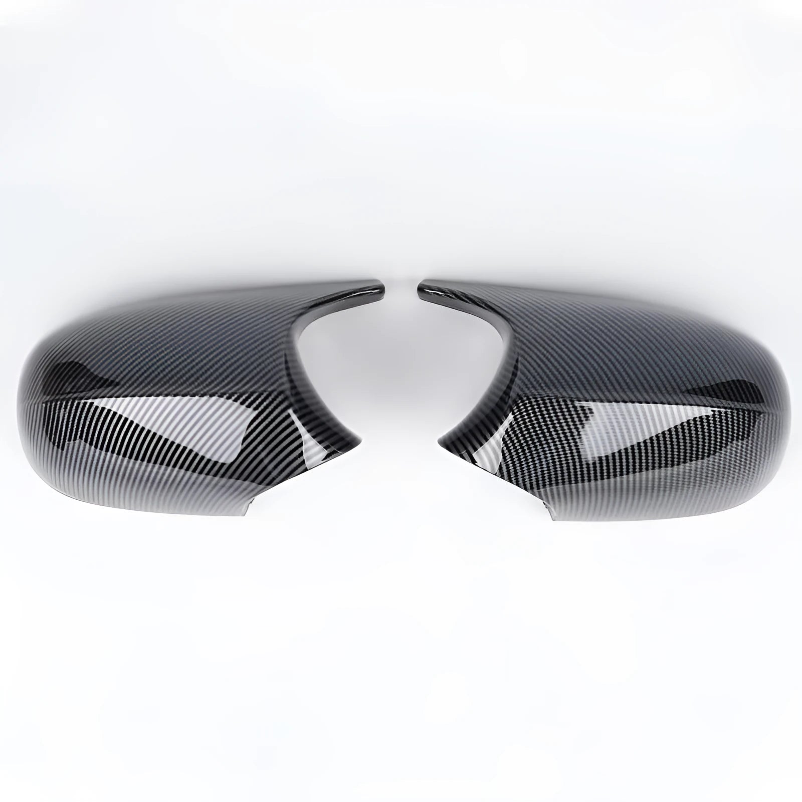 BMW 3 Series E90 rearview mirror replacement housing shells in black and carbon pattern finishes