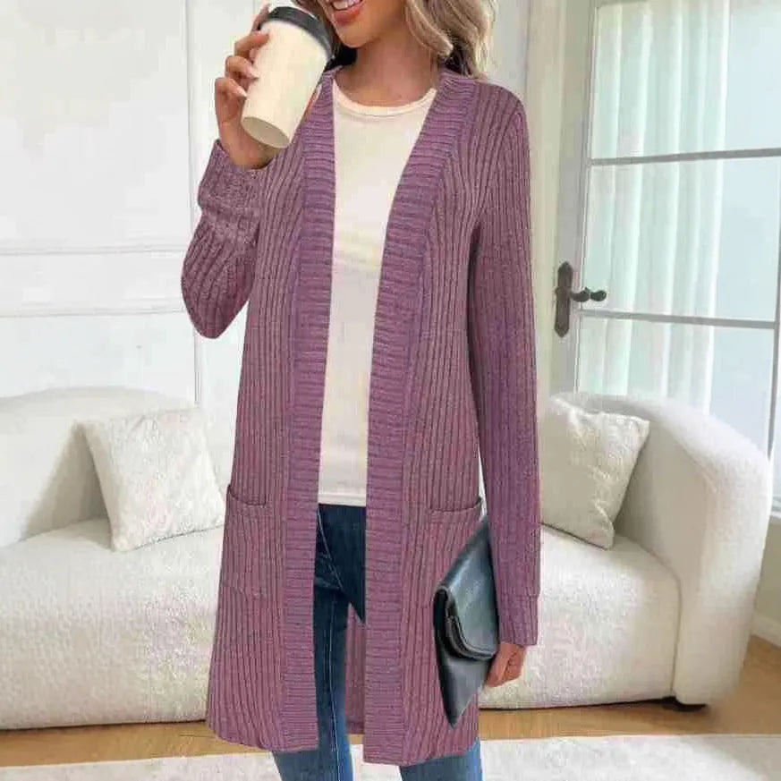 Loose fit knitted cardigan jacket in black colour with long sleeves and open front design