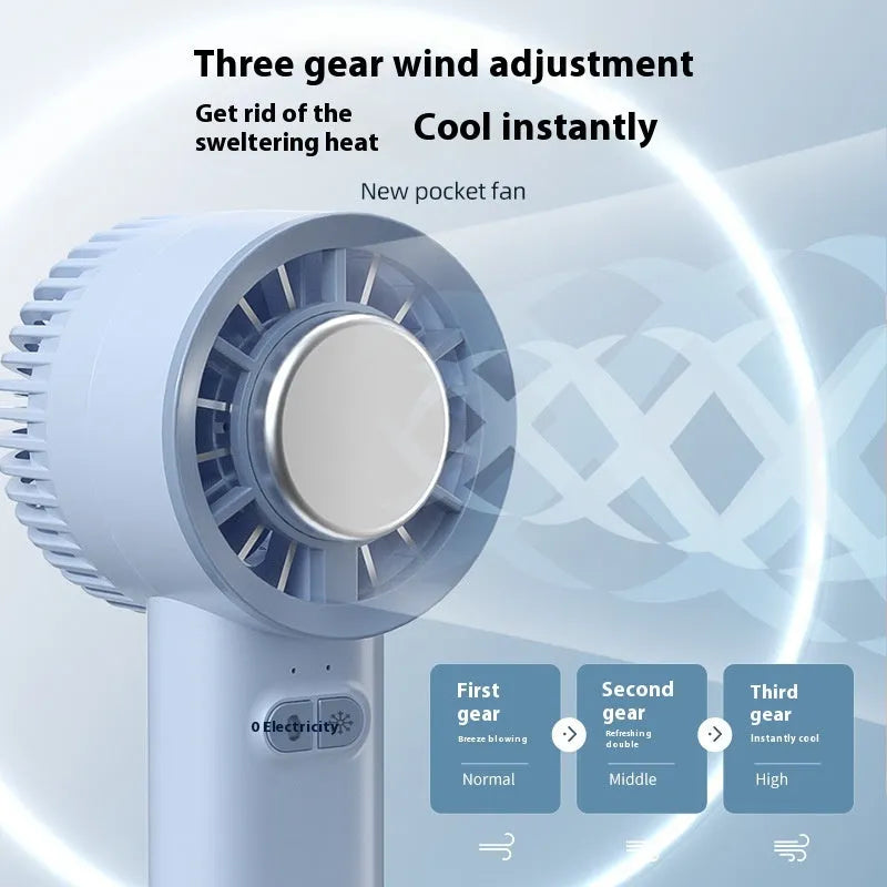 White handheld turbo jet fan with ice cooling function, 3600mAh battery, and brushless motor on a white background