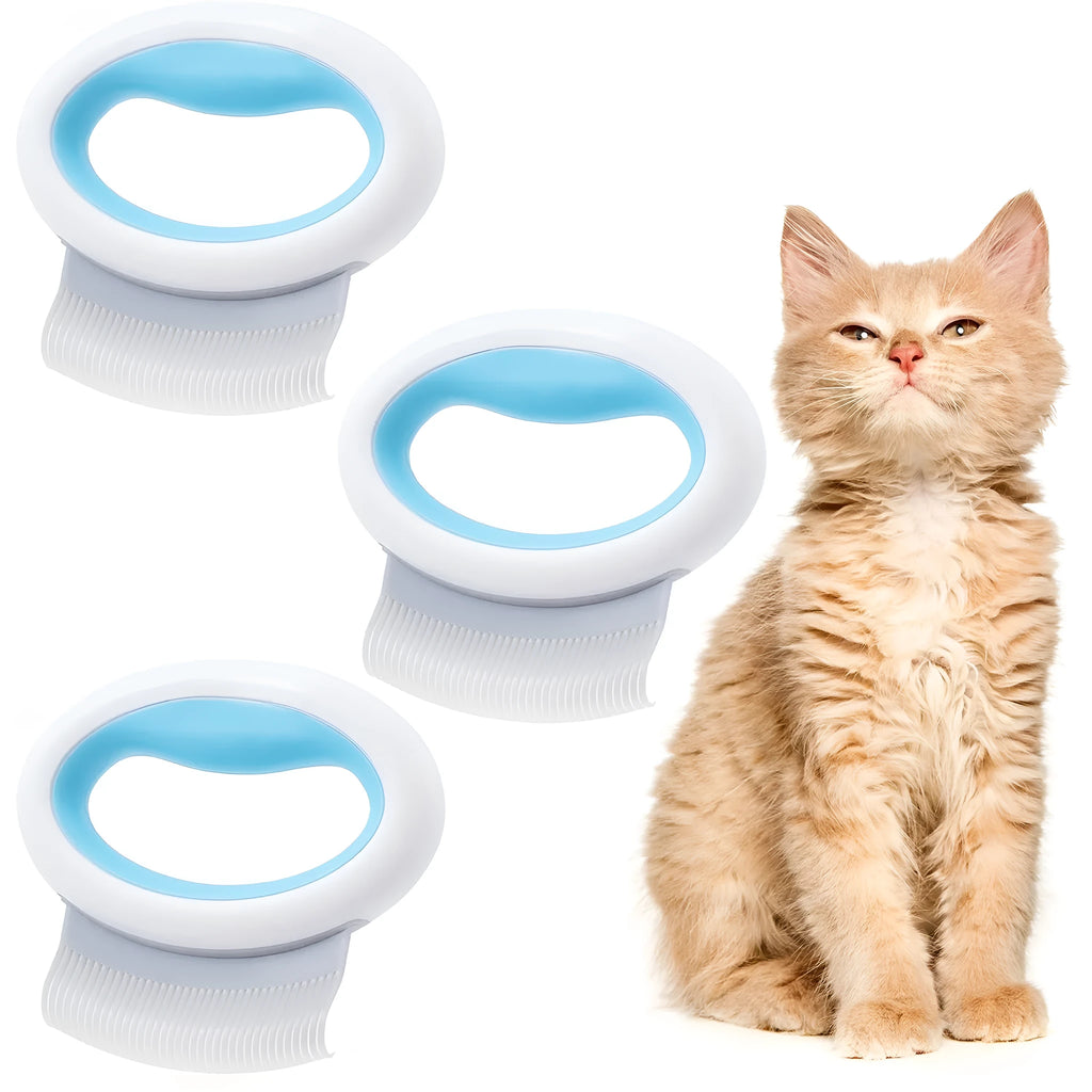 Blue pet deshedding comb with soft plastic teeth and an ergonomic handle on a white background.