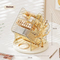 Rotating cosmetics storage box showing 360° rotation mechanism in clear and amber gold colour options