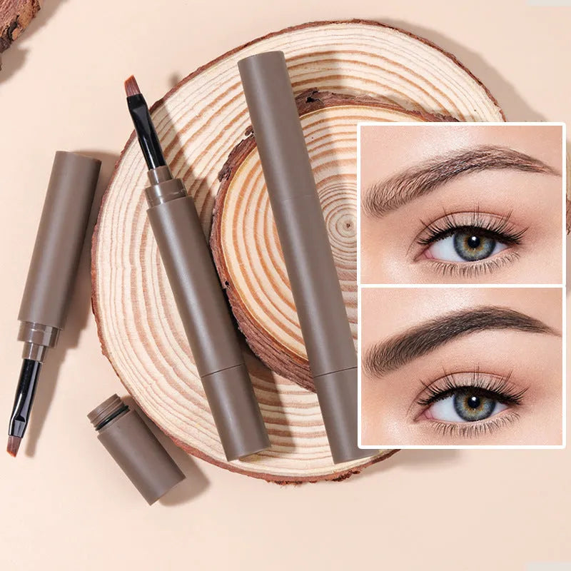 Double-headed eyebrow cream with pencil and powder applicators in five colour options