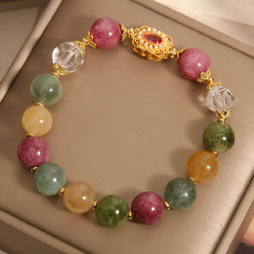 Jade colour tourmaline bracelet for women with alloy inlaid artificial gem and rhinestone details on pearl crystal base