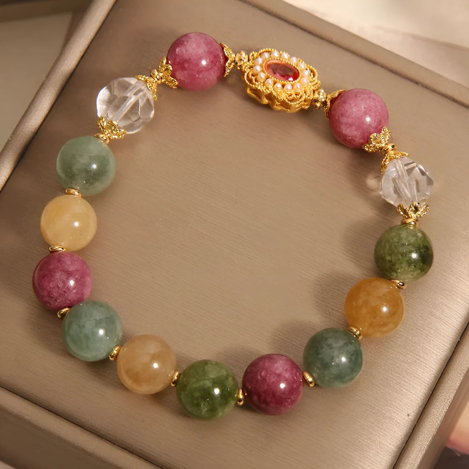 Jade colour tourmaline bracelet for women with alloy inlaid artificial gem and rhinestone details on pearl crystal base