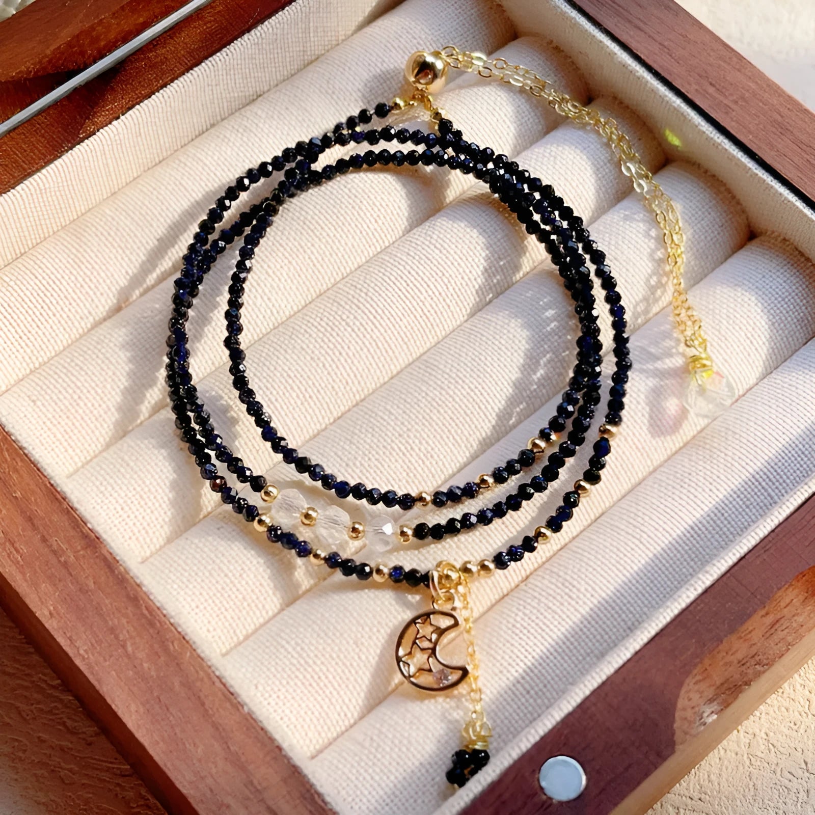 Women's blue gold sand stone cut three-ring multi-layer bracelet with manual craftsmanship