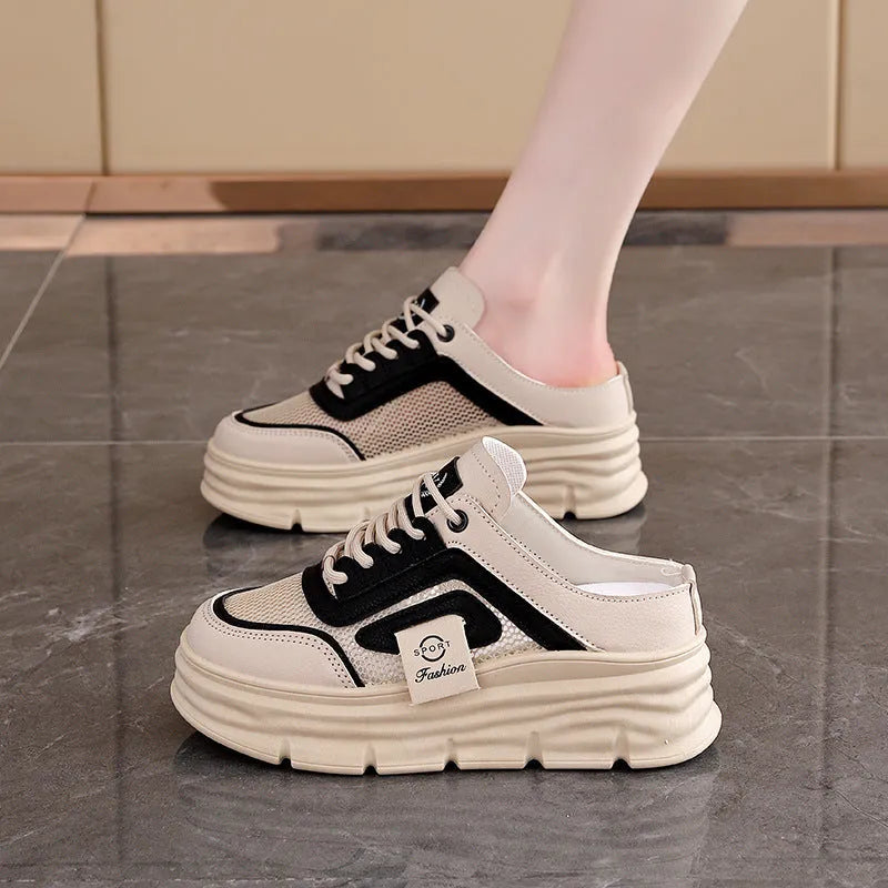 Women's black mesh half slippers with height increasing insole and rubber sole for spring and summer casual wear
