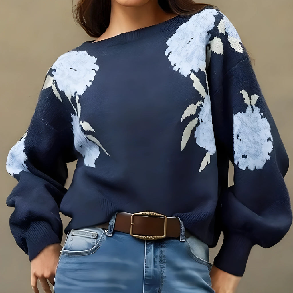 Sapphire blue women's loose pullover with all-over floral jacquard pattern, long sleeves.