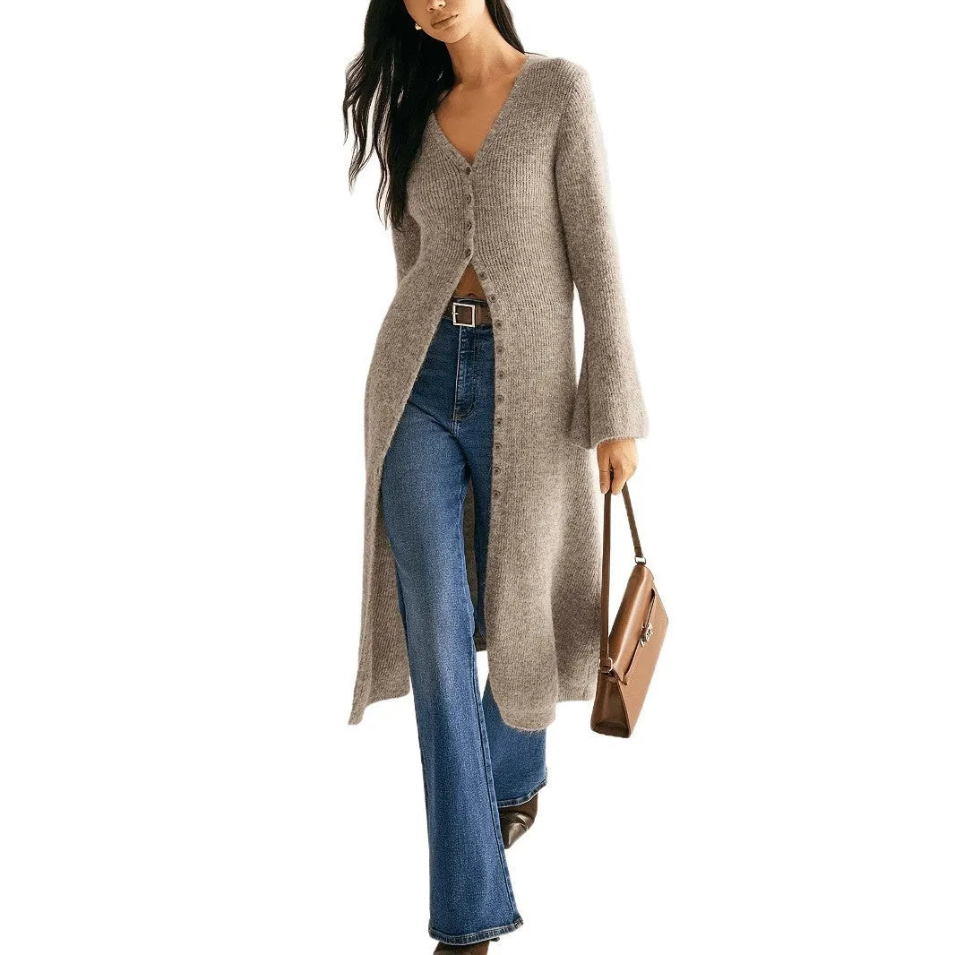Khaki women's long sleeve viscose acrylic button cardigan coat with retro style