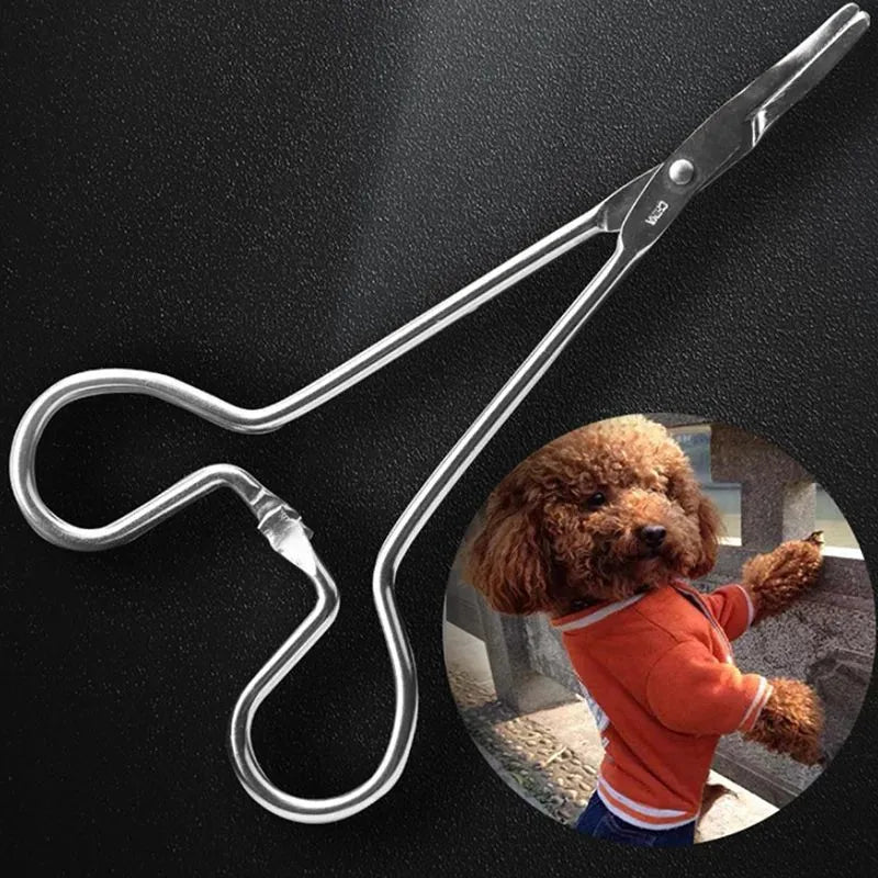 Silver stainless steel pet ear tweezers with curved tip and anti-slip handle, 12.5cm length