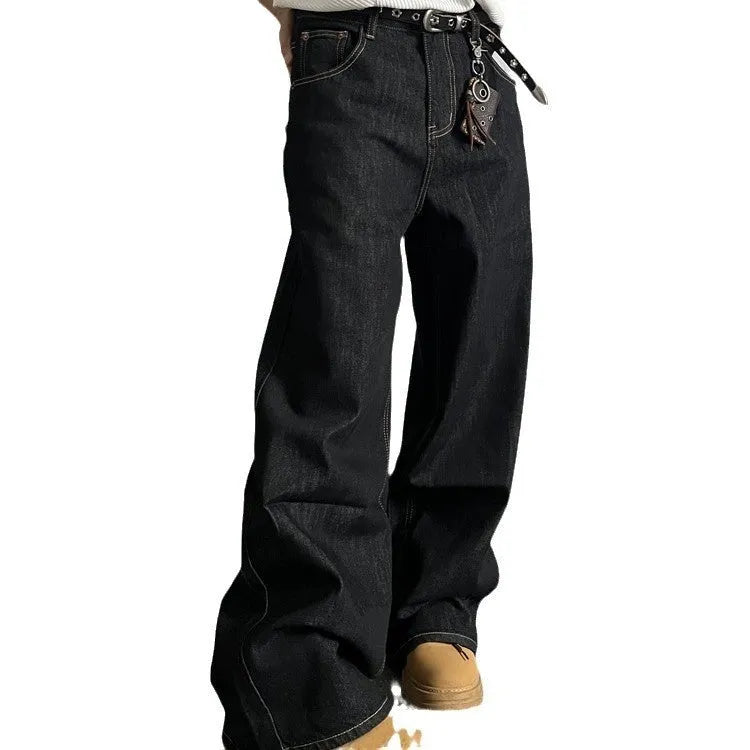 Black retro loose wide-leg straight-leg jeans with mid-waist and zip fly