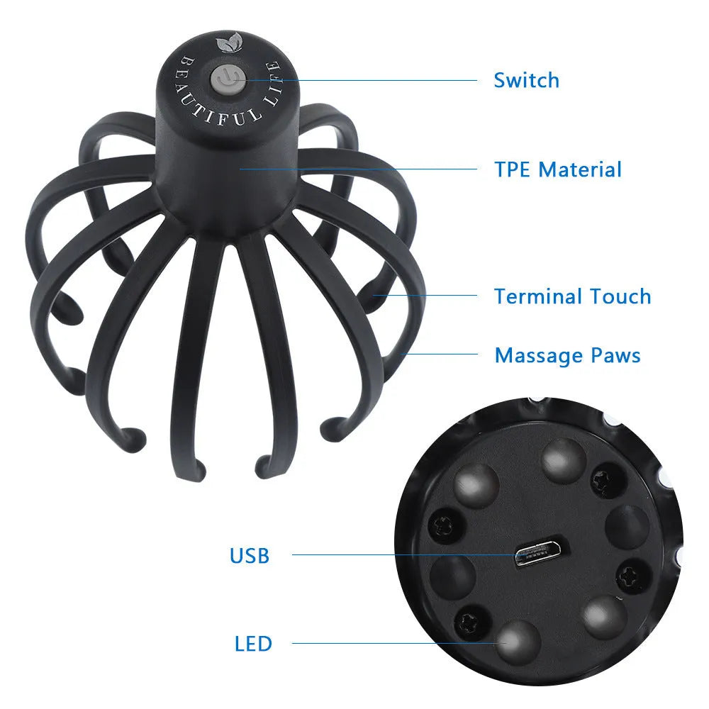 Black electric scalp massager with TPE 3D massage arms and USB charging cable