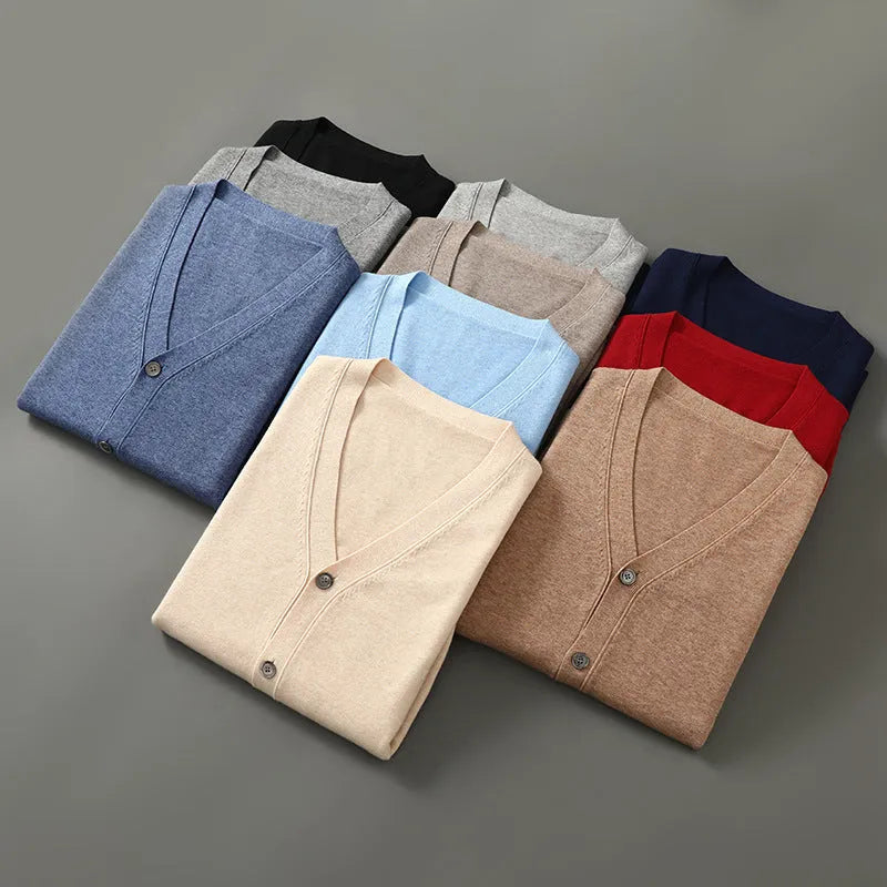 Men's V-neck cardigan coat in Andy velvet fabric showing loose fit and texture detail