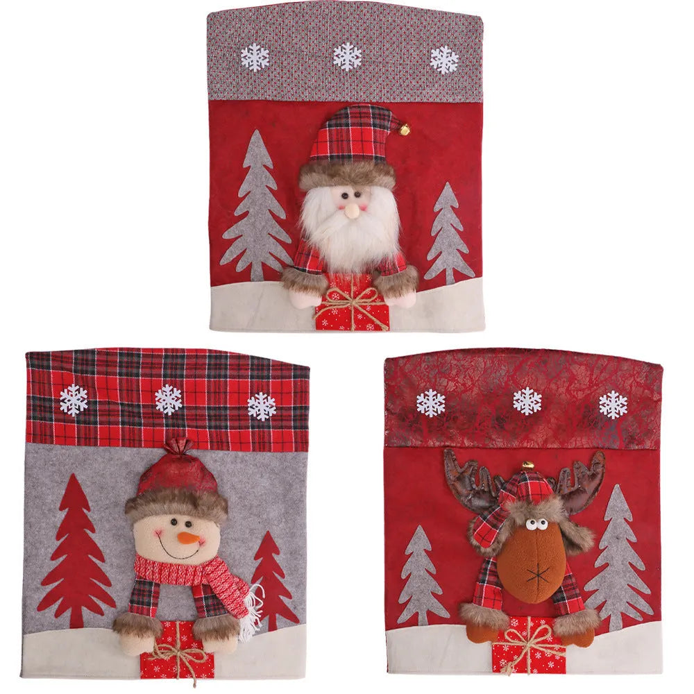 Three-dimensional cartoon cloth chair covers set featuring Santa, snowman, and deer designs